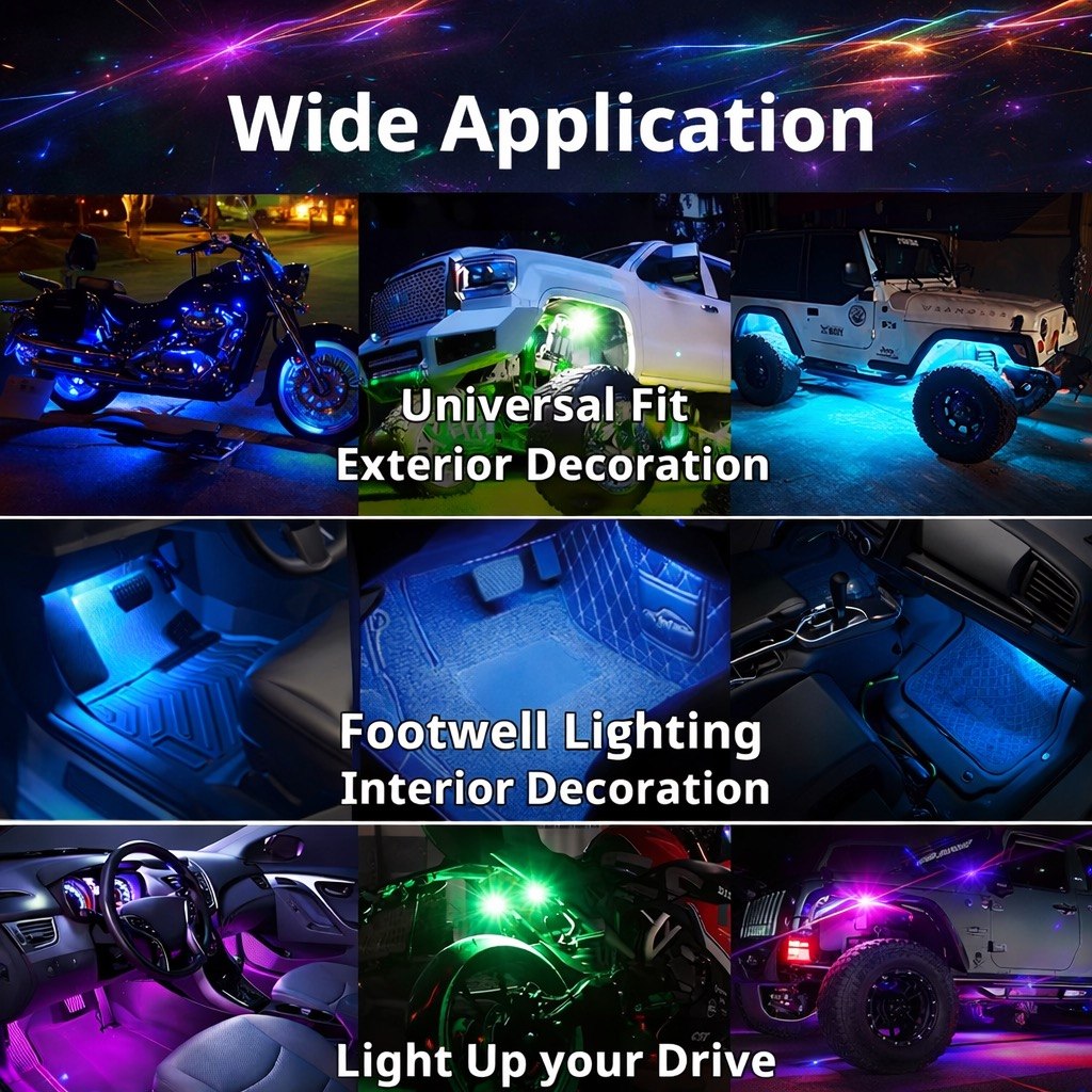 Remote Control RGB LED Strobe Light Wireless Rechargeable Footwell Lights Exterior Interior Decorative for SUV Truck Motorcycle